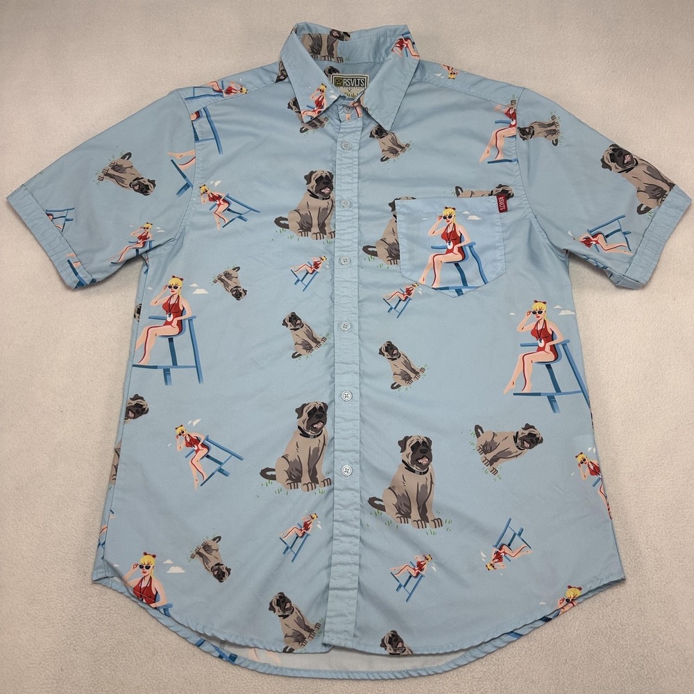 RSVLTS Shirt Mens Medium Blue Sandlot Dog Lifeguard Short Sleeve Button Up Wendy